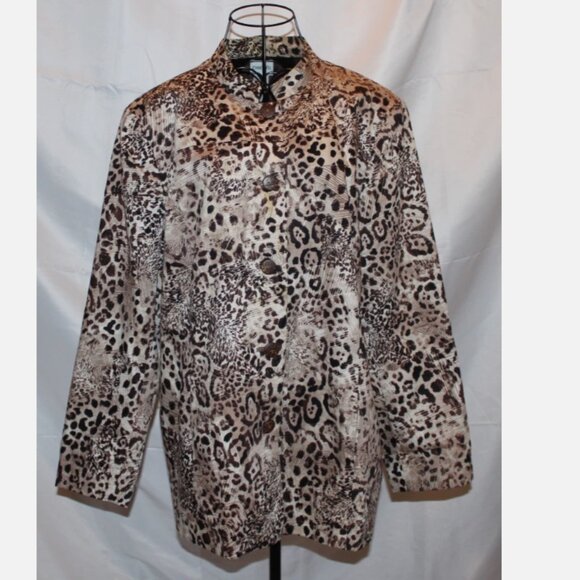Brown Animal Print Blazer XL Tan Button Front Sweater Suit Jacket Chico's Sz 3 - Picture 1 of 7